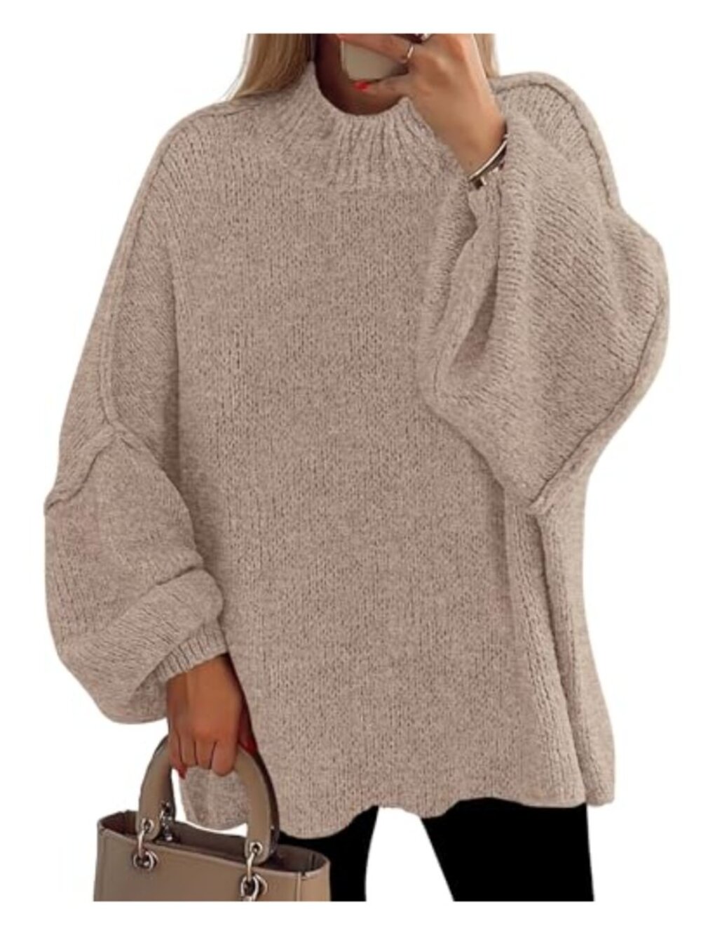 Oversized Chunky Knit Mock Neck Pullover Sweater Drop Shoulder